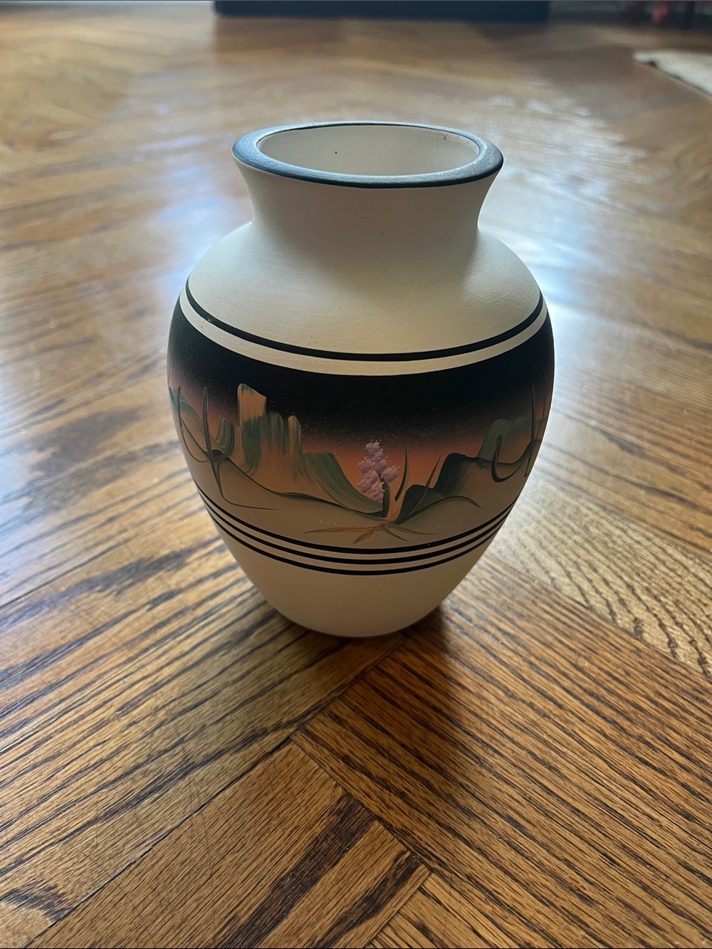 Vintage New West Pottery Handmade/Hand Painted Desert Scene 6” Tall Ceramic Vase